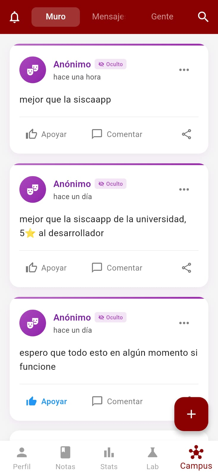 Pantalla de red social Campus