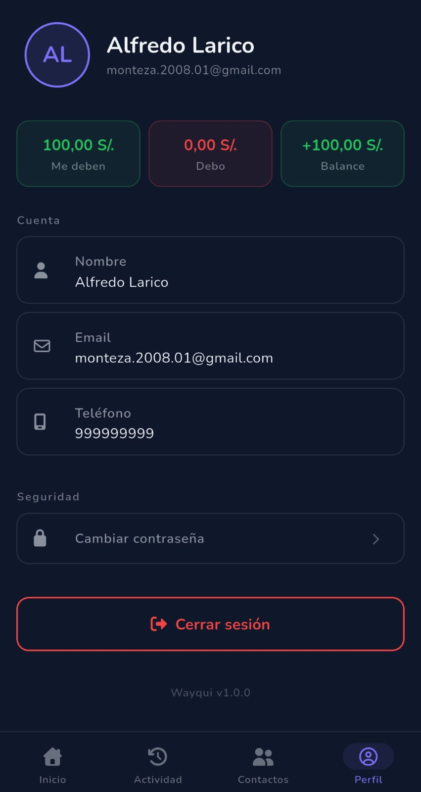 Pantalla de perfil con estadísticas de préstamos